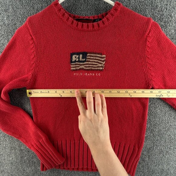 Ralph Lauren Polo Jeans Women Flag Sweater Medium Red Long Sleeve Knit Cotton - Picture 7 of 16